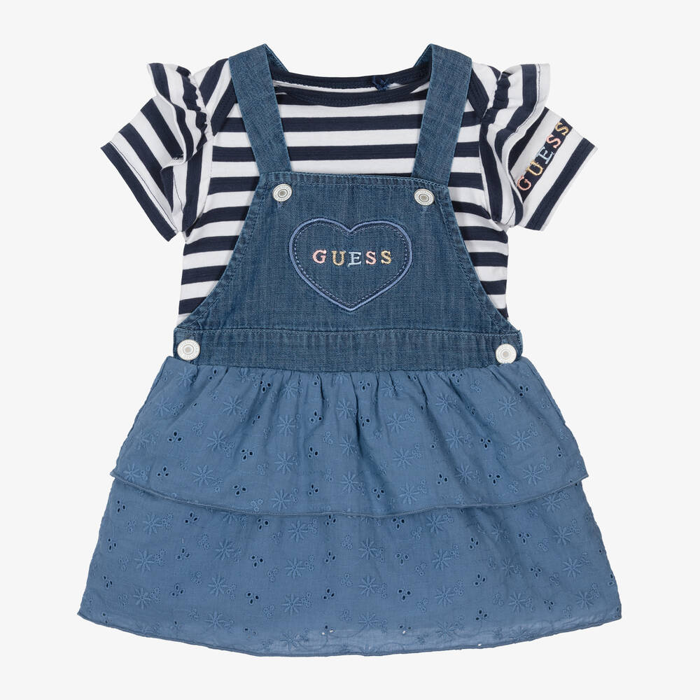Guess - طقم فستان دانغري قطن شامبري لون أزرق وأبيض | Childrensalon