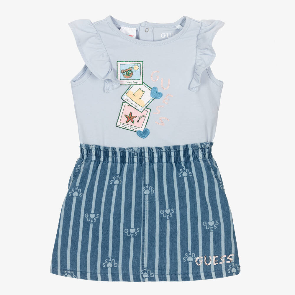 Guess - طقم تنورة قطن دنيم وجيرسي لون أزرق للمولودات | Childrensalon