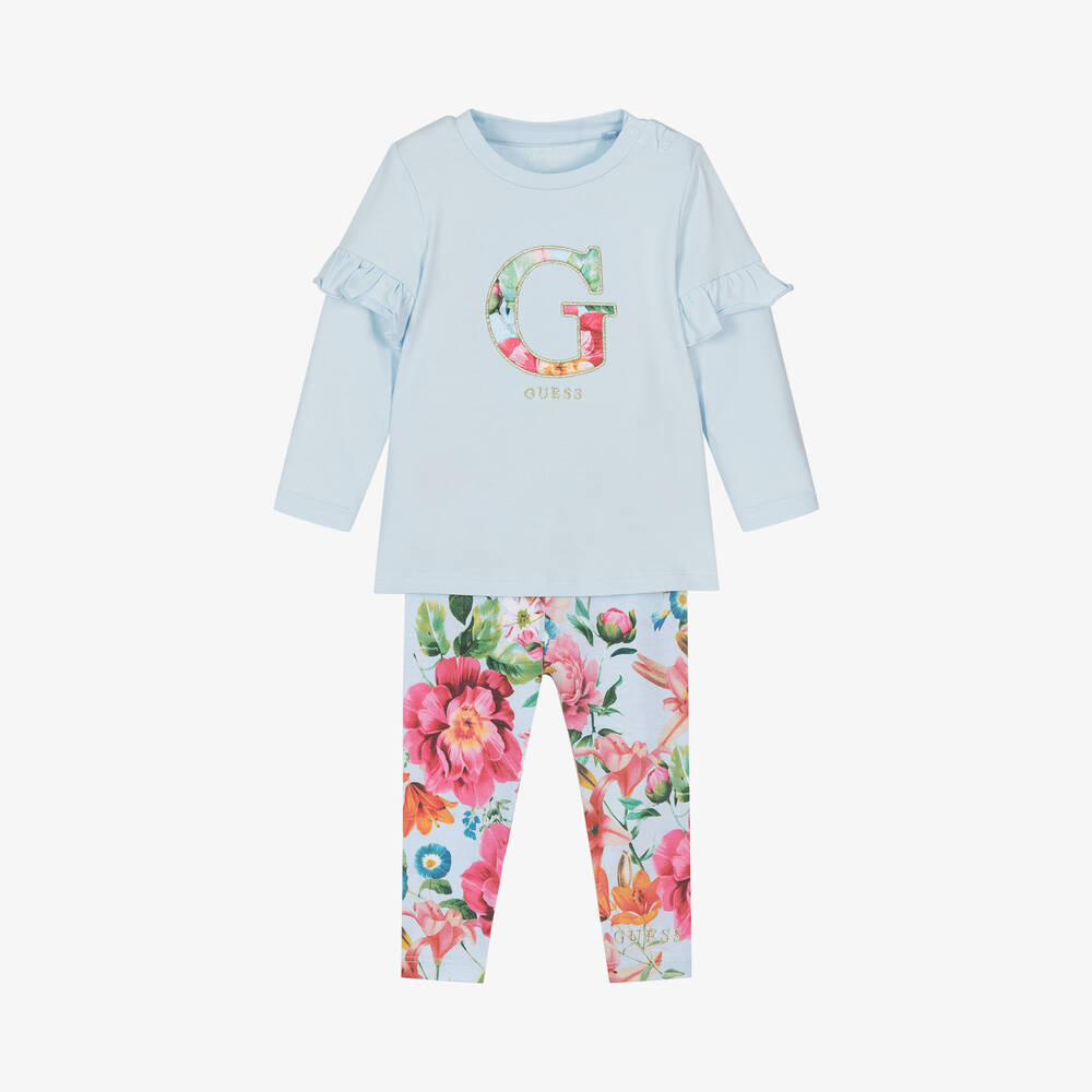 Guess - Baby Girls Blue Cotton Floral Leggings Set | Childrensalon