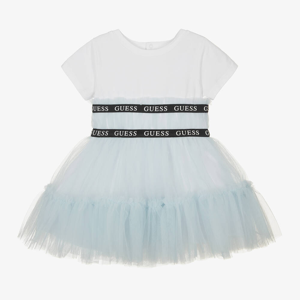 Guess - Голубое платье из хлопка и тюля для малышек | Childrensalon