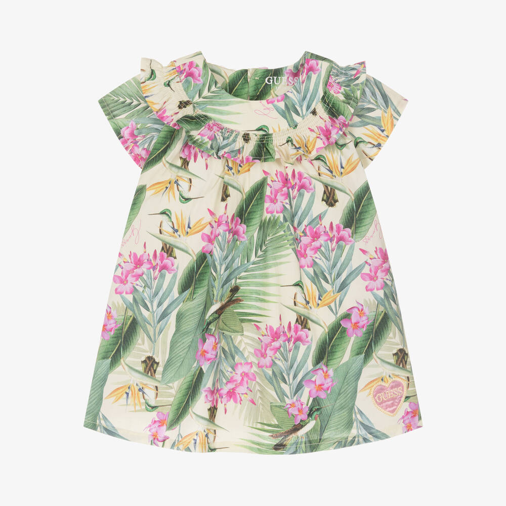 Guess - Baby Girls Green Cotton Tropical Print Dress | Childrensalon