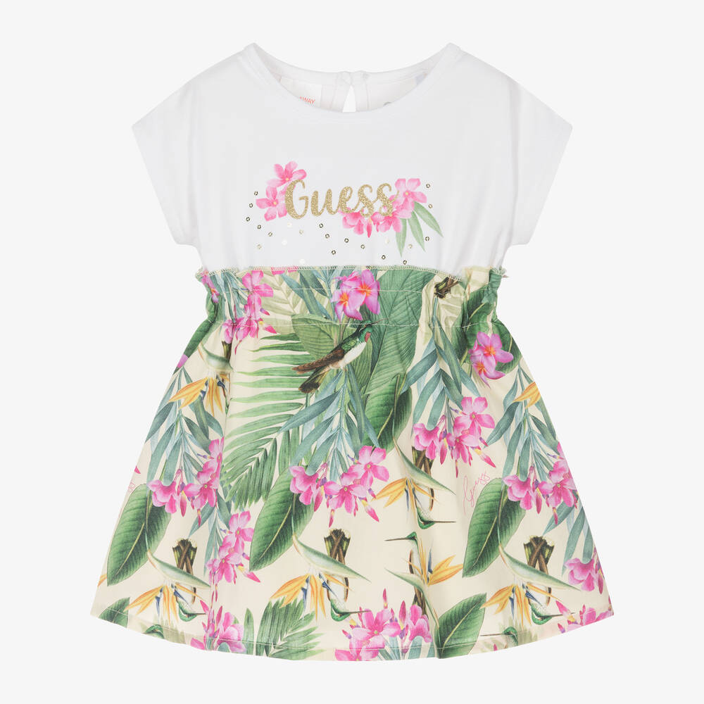 Shop Guess Baby Girls Green Cotton Tropical Print Dress