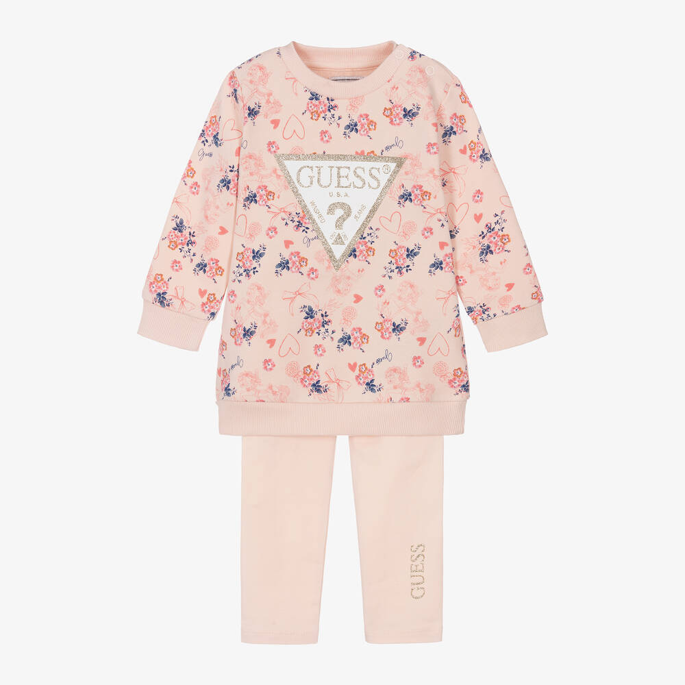 Guess - Розовое платье и легинсы из хлопка в цветочек для малышек | Childrensalon