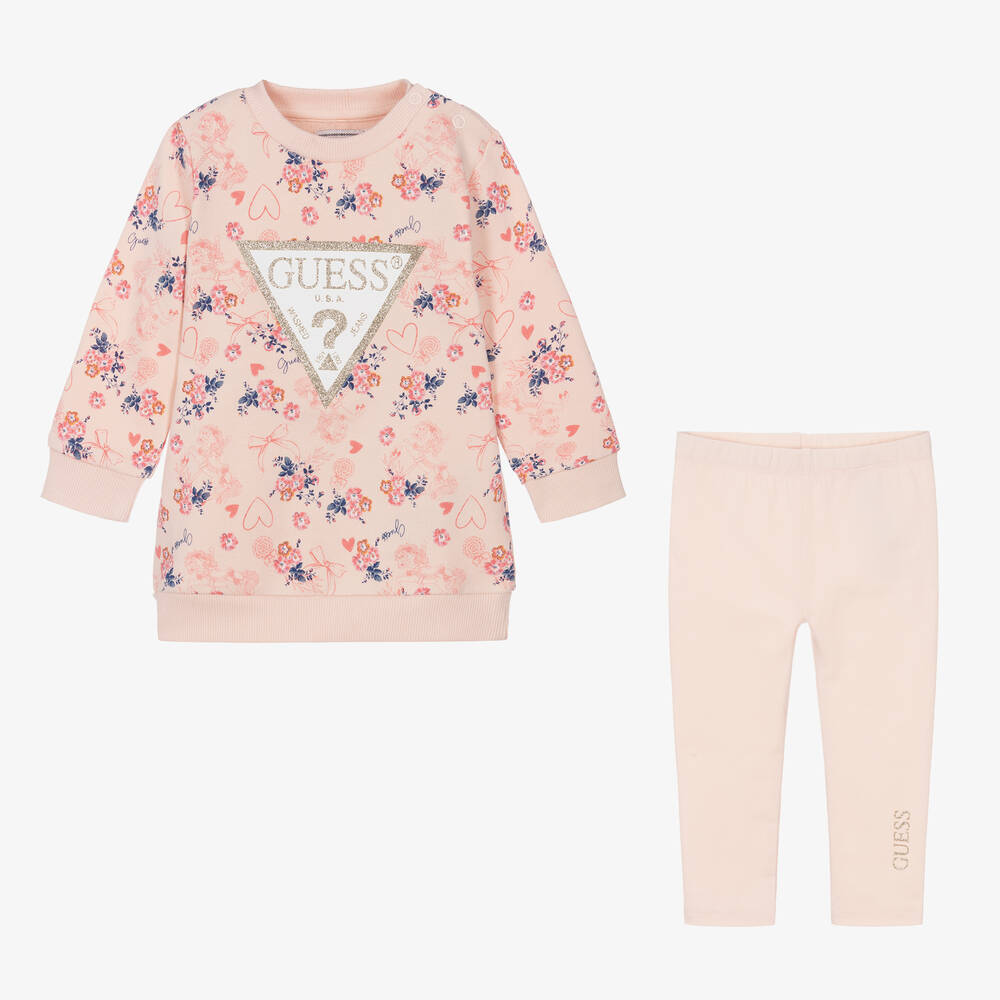 Guess - Baby Girls Pink Cotton Floral Dress Set | Childrensalon