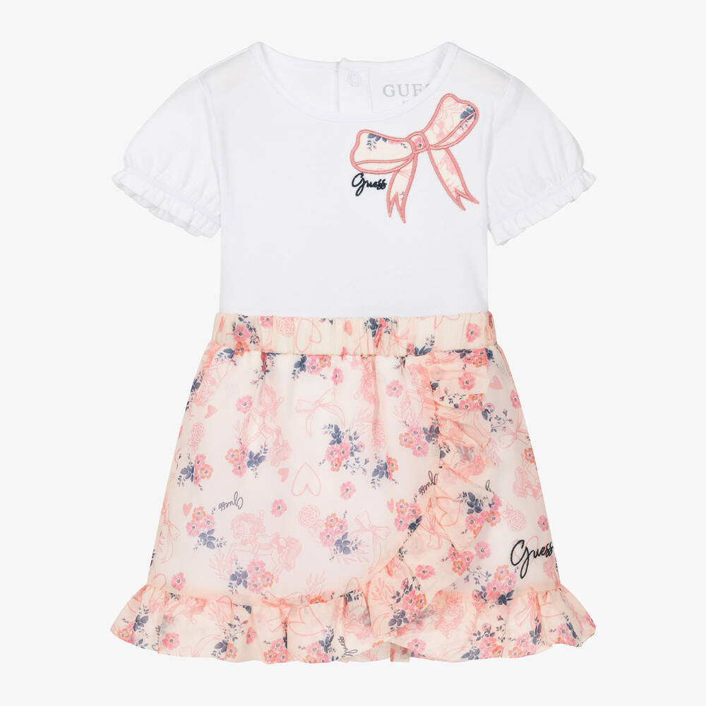 Guess - Baby Girls Pink Cotton Floral Skirt Set | Childrensalon
