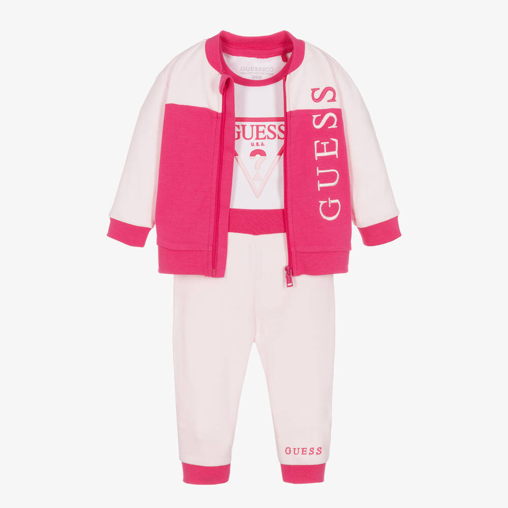 Guess - Baby Girls Pink Cotton Tracksuit Set | Childrensalon