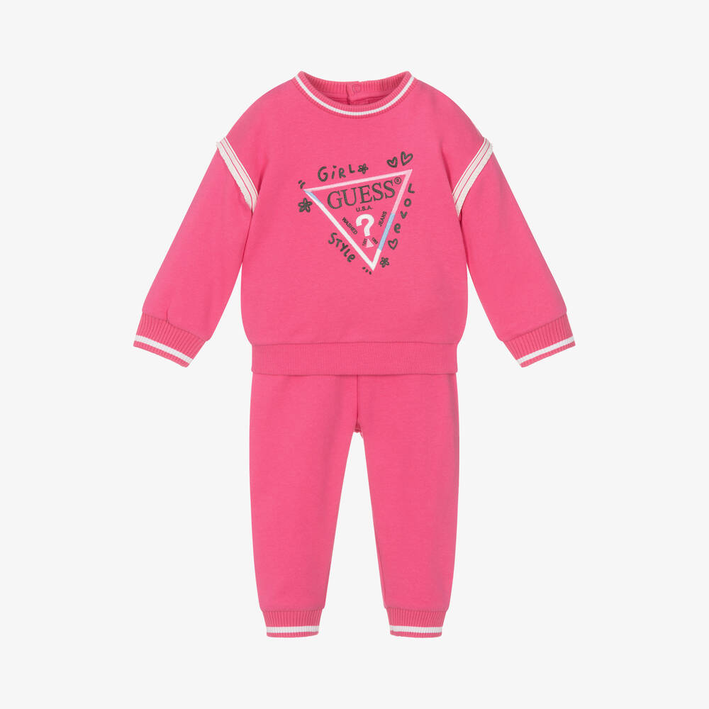 Guess - Baby Girls Pink Cotton Triangle Tracksuit | Childrensalon