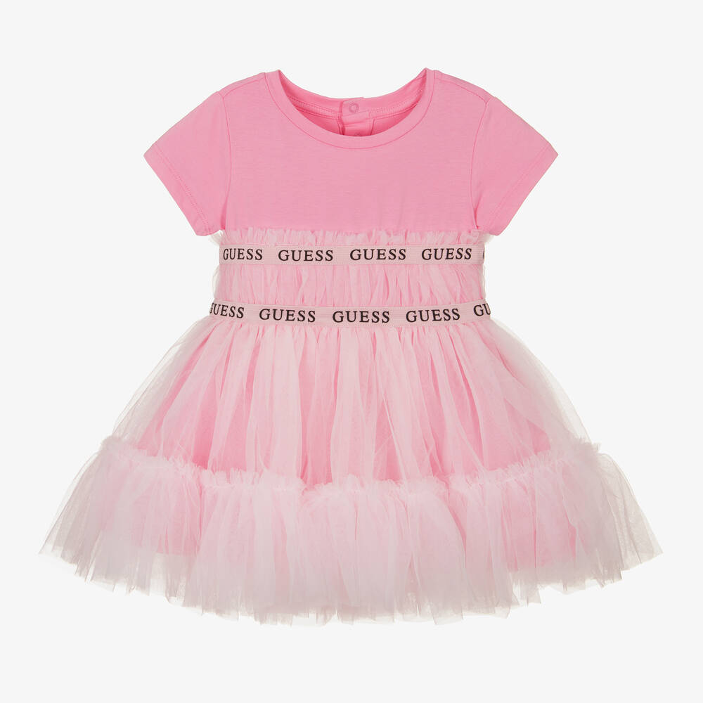 Guess - Розовое платье из хлопка и тюля для малышек | Childrensalon