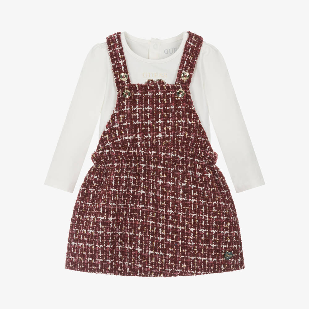 Guess - Baby Girls Red Tweed Pinafore Dress Set | Childrensalon