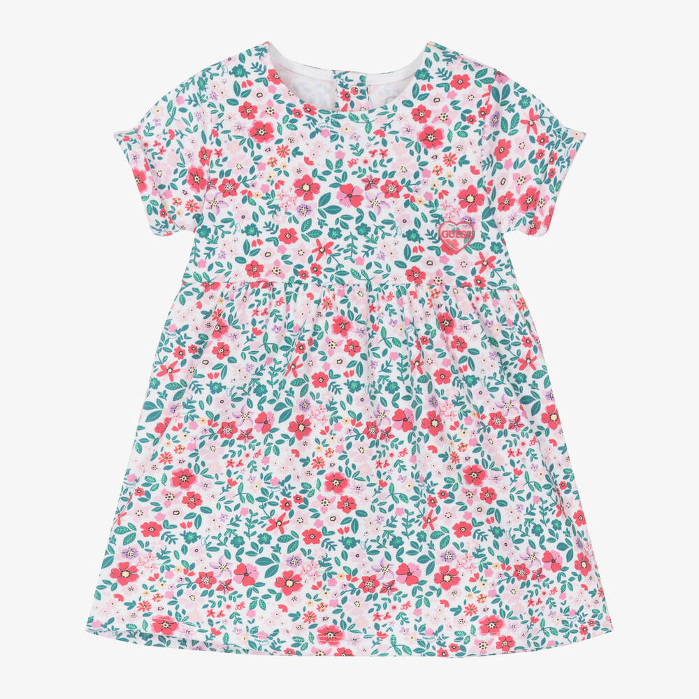 Guess Baby Girls White Cotton Floral Dress In Pink
