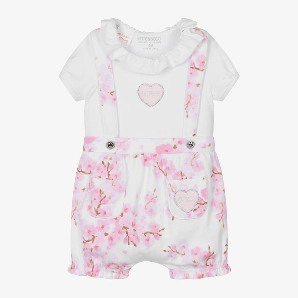 Guess - Baby Girls White & Pink Cotton Shorts Set | Childrensalon