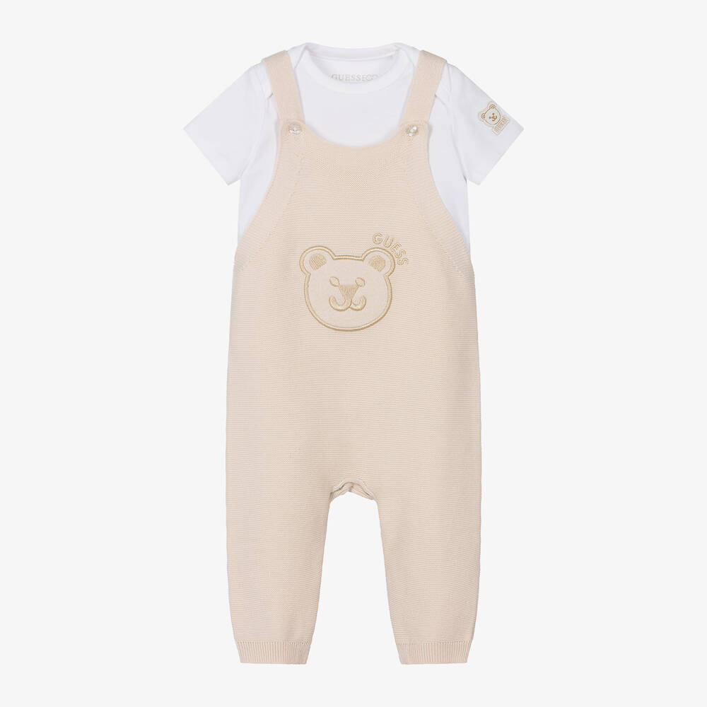 Guess - Beige Cotton Teddy Baby Dungaree Set | Childrensalon