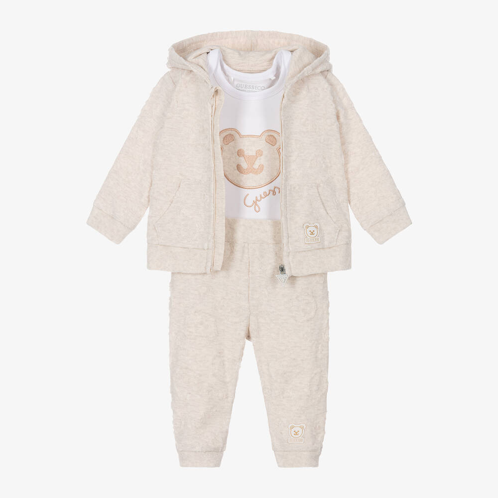 Guess Beige Cotton Teddy Baby Tracksuit Set