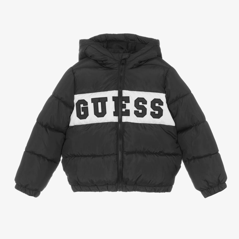 Guess - Boys Black Hooded Puffer Jacket | Childrensalon