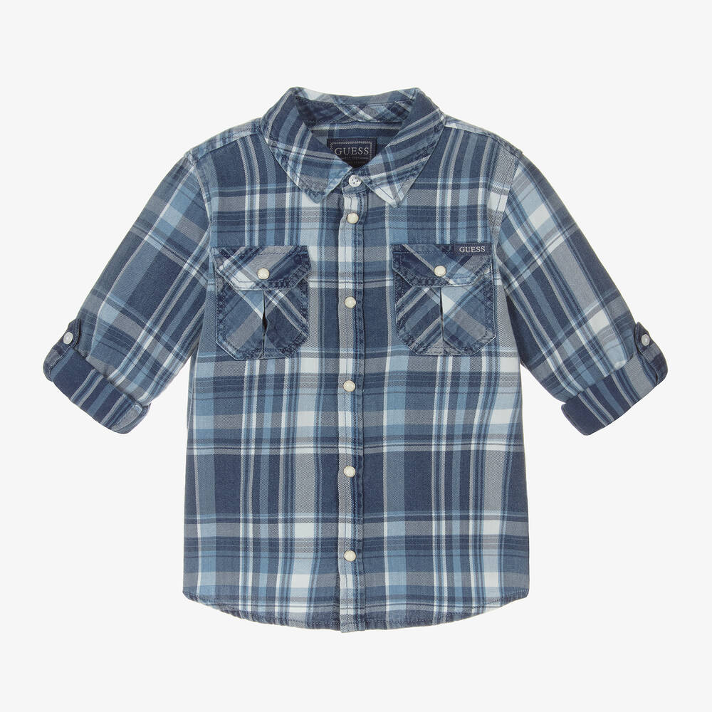 Guess - Boys Blue Check Cotton Twill Shirt | Childrensalon