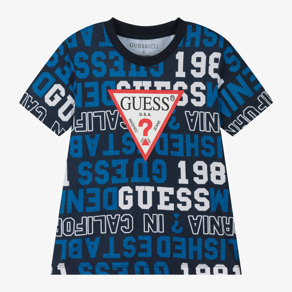 Guess - Boys Blue Cotton Letter Print T-Shirt | Childrensalon