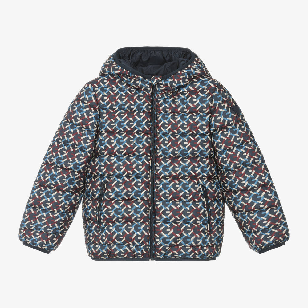 Guess - Boys Blue Logo Pattern Hooded Puffer Jacket | Childrensalon