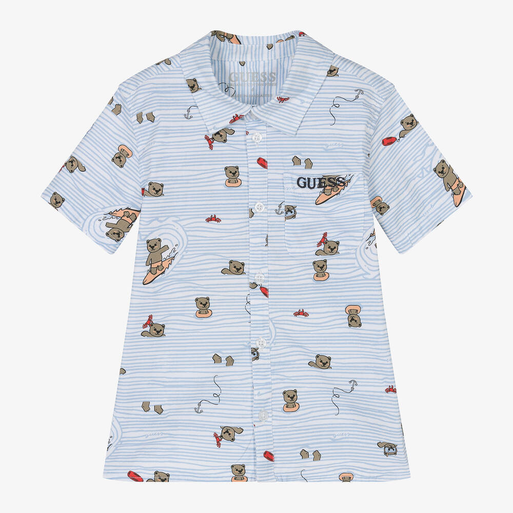 Guess - Boys Blue & White Cotton Bears Shirt | Childrensalon
