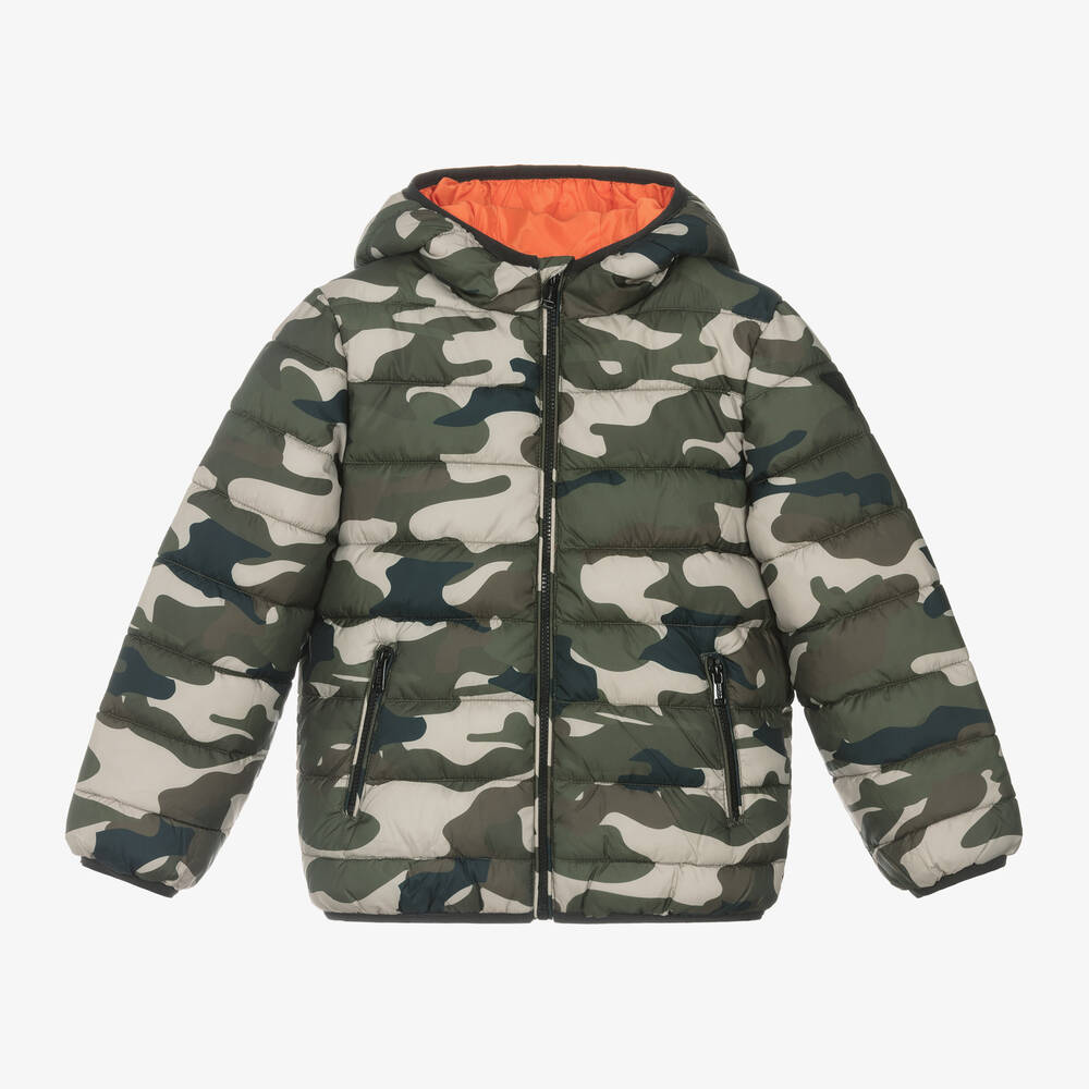 Guess - Boys Green Camouflage Hooded Puffer Jacket | Childrensalon