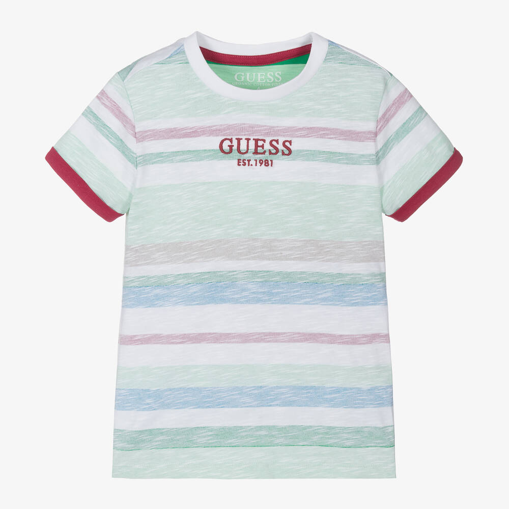 Guess - Boys Green Striped Cotton T-Shirt | Childrensalon