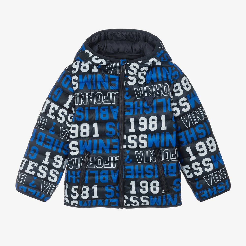 Guess - Boys Navy Blue Hooded Puffer Jacket | Childrensalon