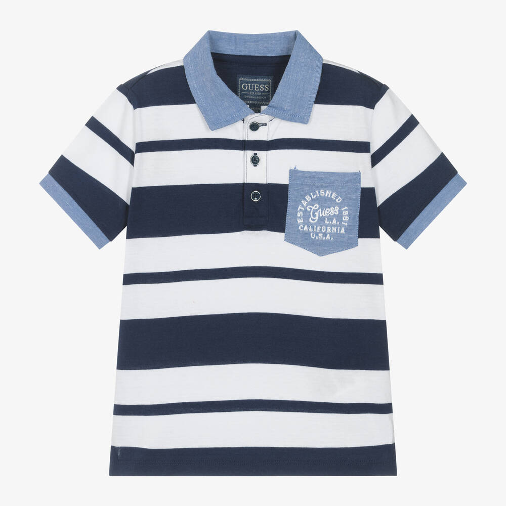Guess - Boys Navy Blue Striped Cotton Polo Shirt | Childrensalon