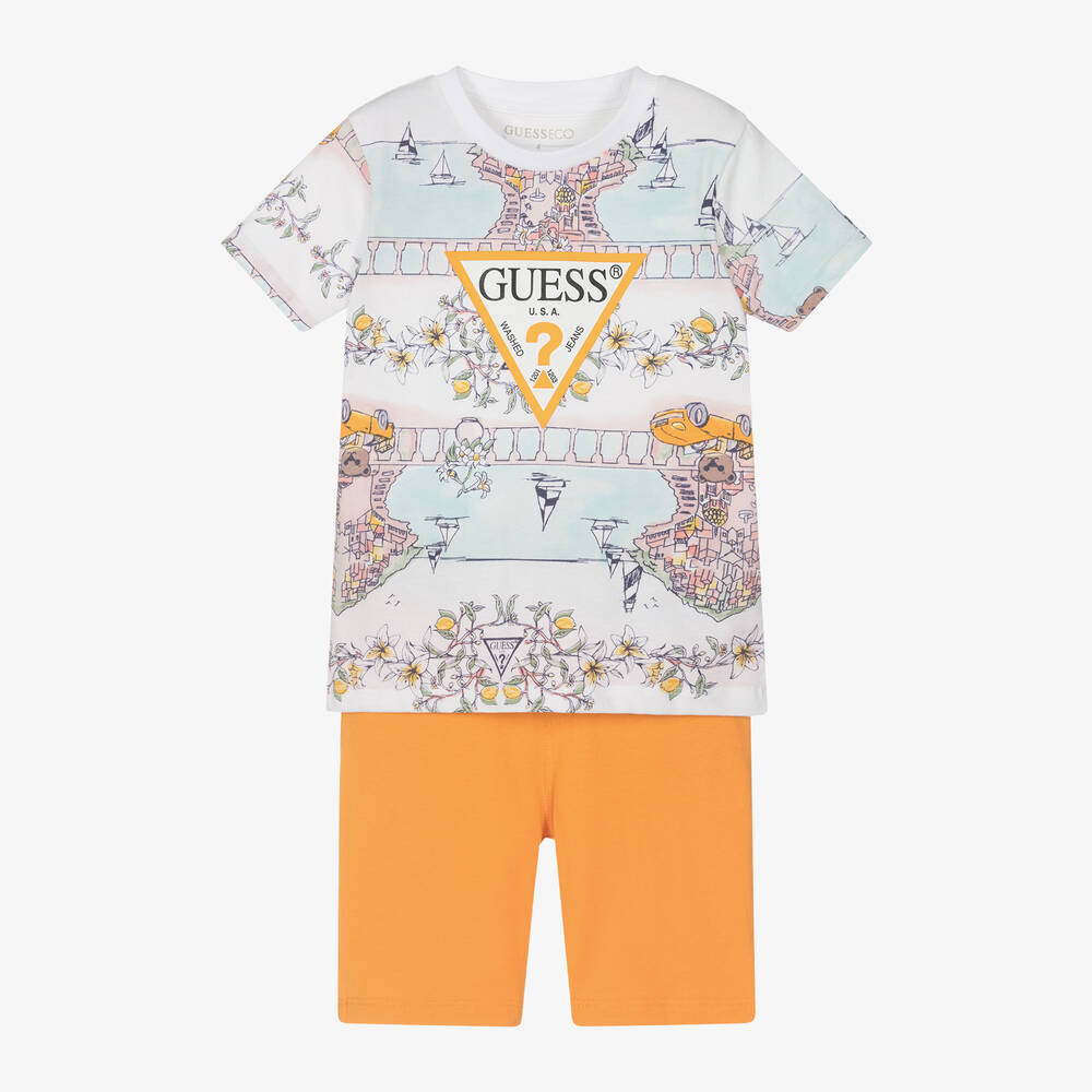 Guess - طقم شورت قطن لون أبيض وبرتقالي وأزرق للأولاد | Childrensalon