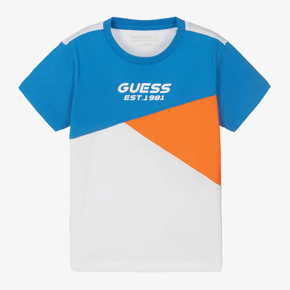 Guess - Бело-голубая футболка из хлопка для мальчиков | Childrensalon