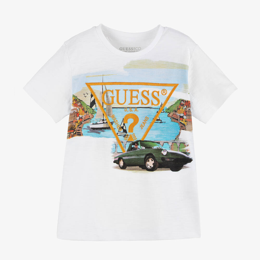 Guess - Boys White Cotton Car T-Shirt | Childrensalon