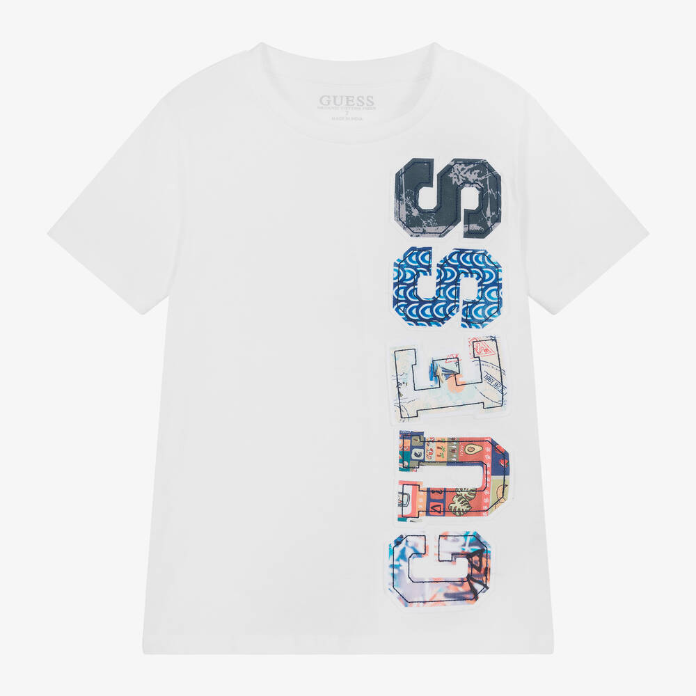 Guess - Boys White Cotton Patchwork T-Shirt | Childrensalon