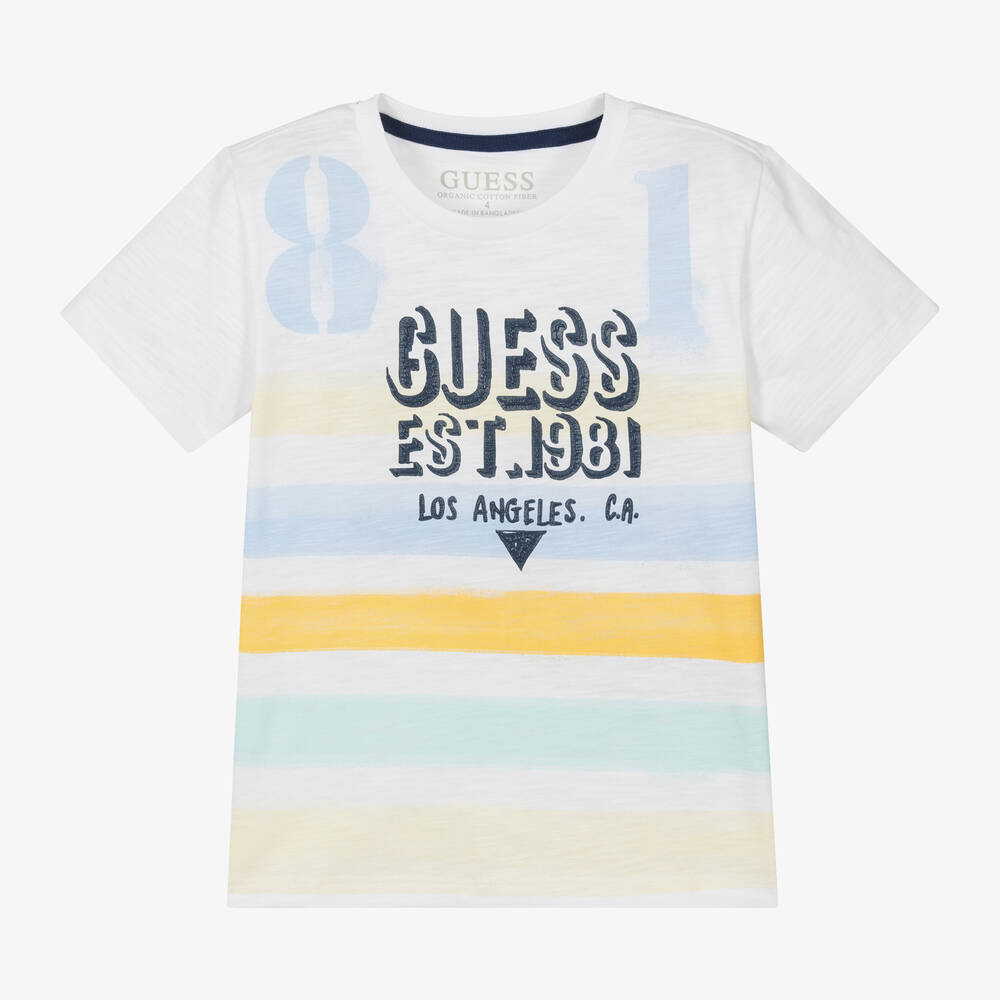 Guess - Boys White Striped Cotton T-Shirt | Childrensalon