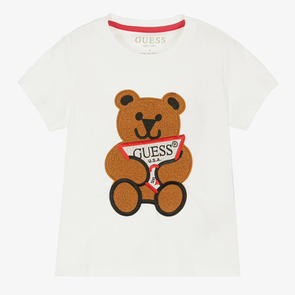 Guess - Boys White Teddy Bear Cotton T-Shirt | Childrensalon