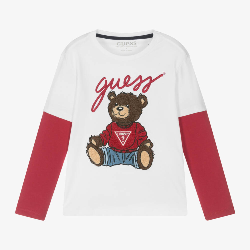 Guess - توب بطبعة الدب تيدي لون أبيض وأحمر للأولاد | Childrensalon