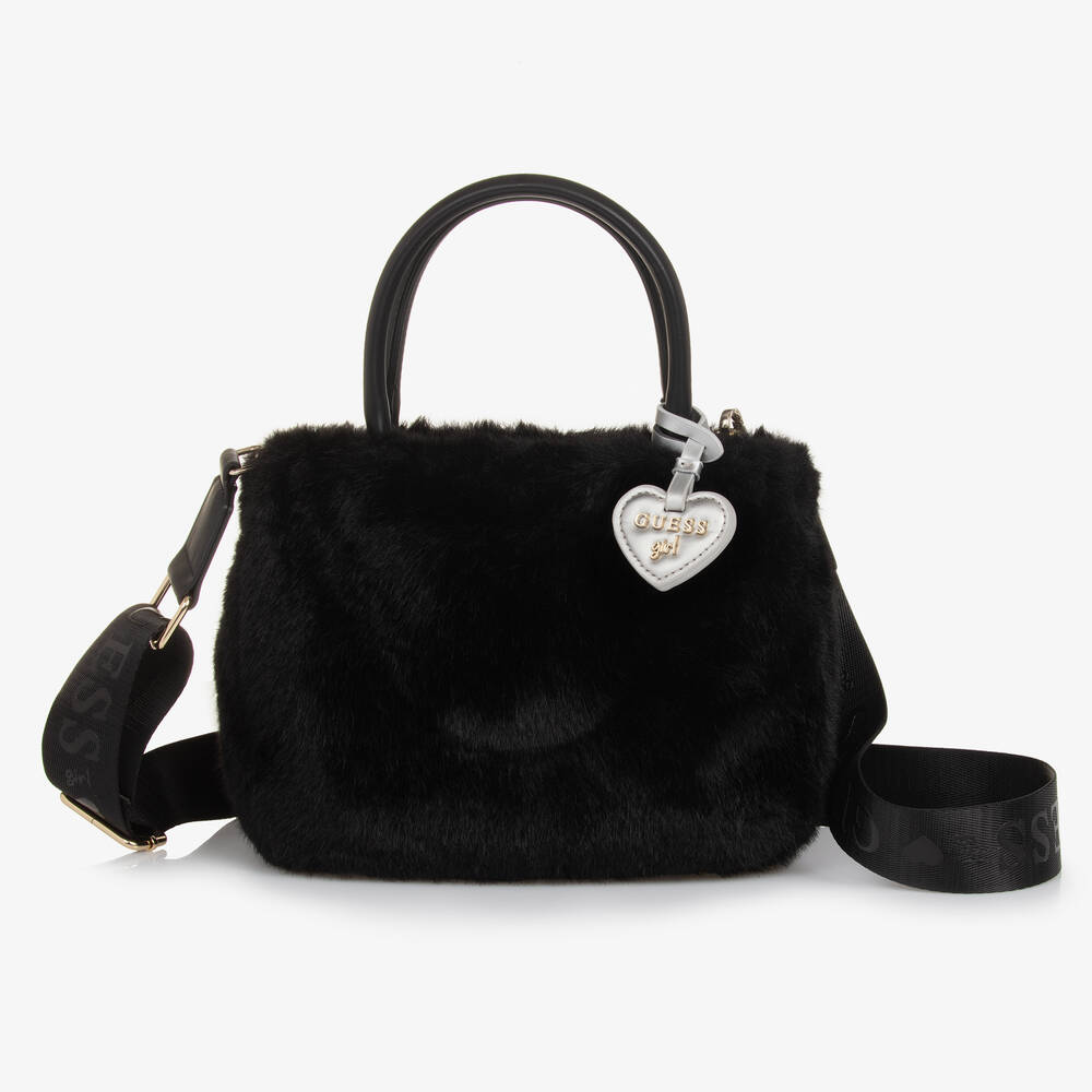 Guess - Girls Black Faux Fur Handbag (24cm) | Childrensalon