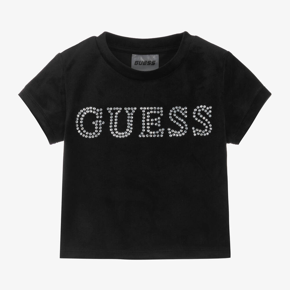 Guess - Girls Black Velour T-Shirt | Childrensalon
