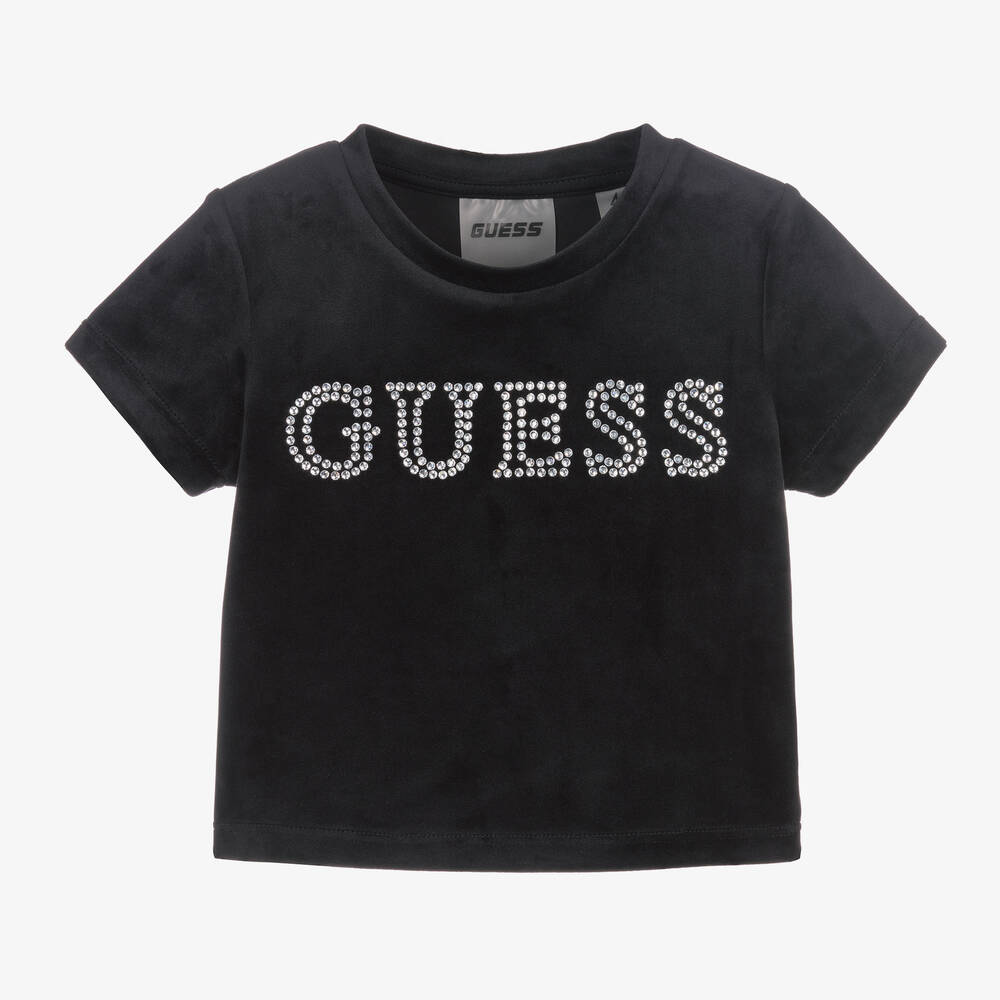 Guess - Girls Black Velour T-Shirt | Childrensalon