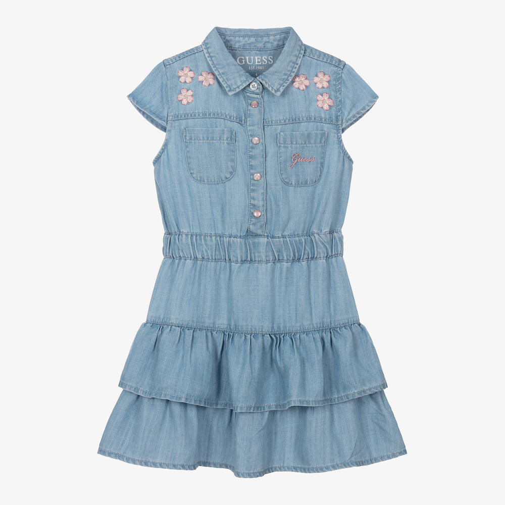 Guess - Голубое платье из шамбре с цветами для девочек | Childrensalon