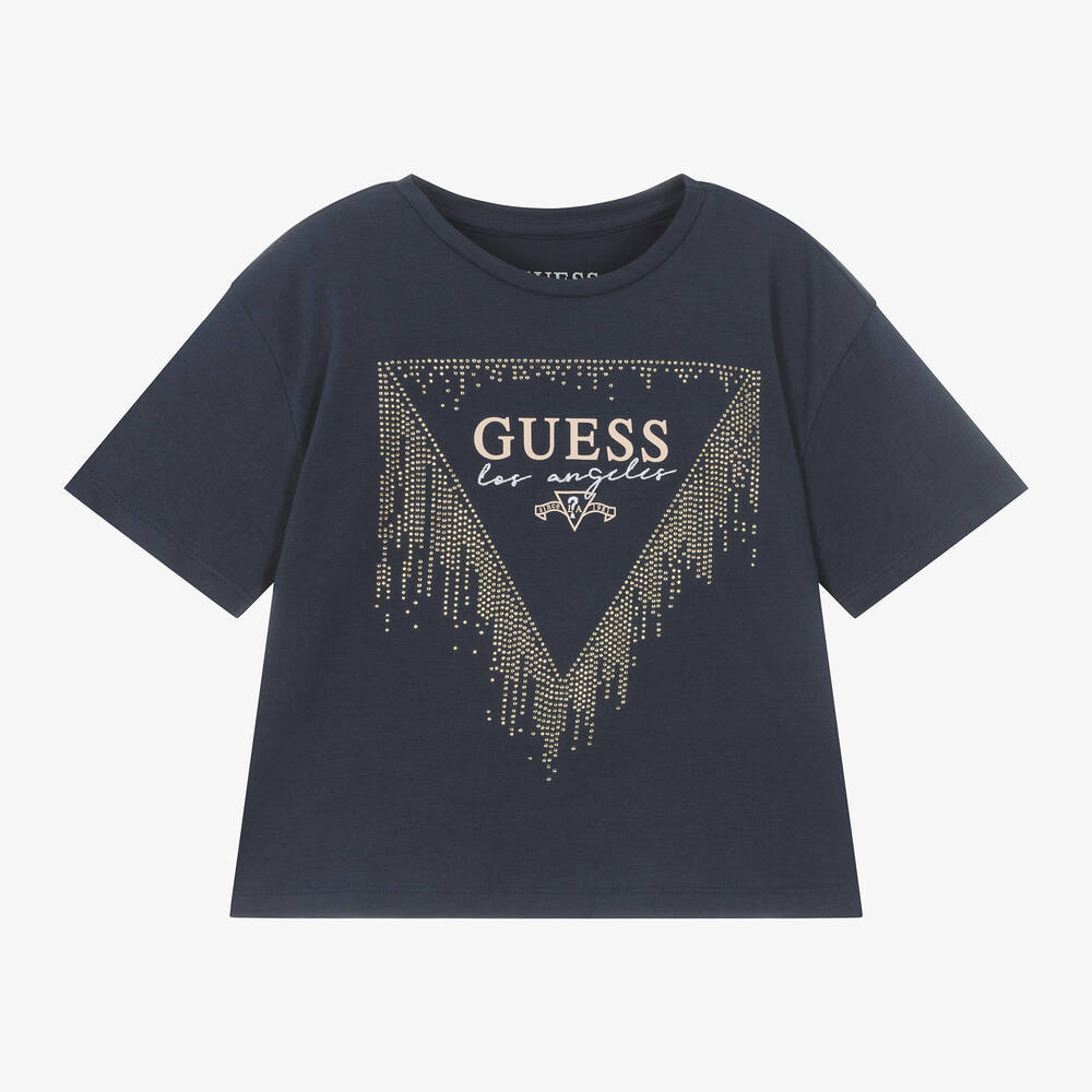 Guess - Синяя хлопковая футболка со стразами для девочек | Childrensalon