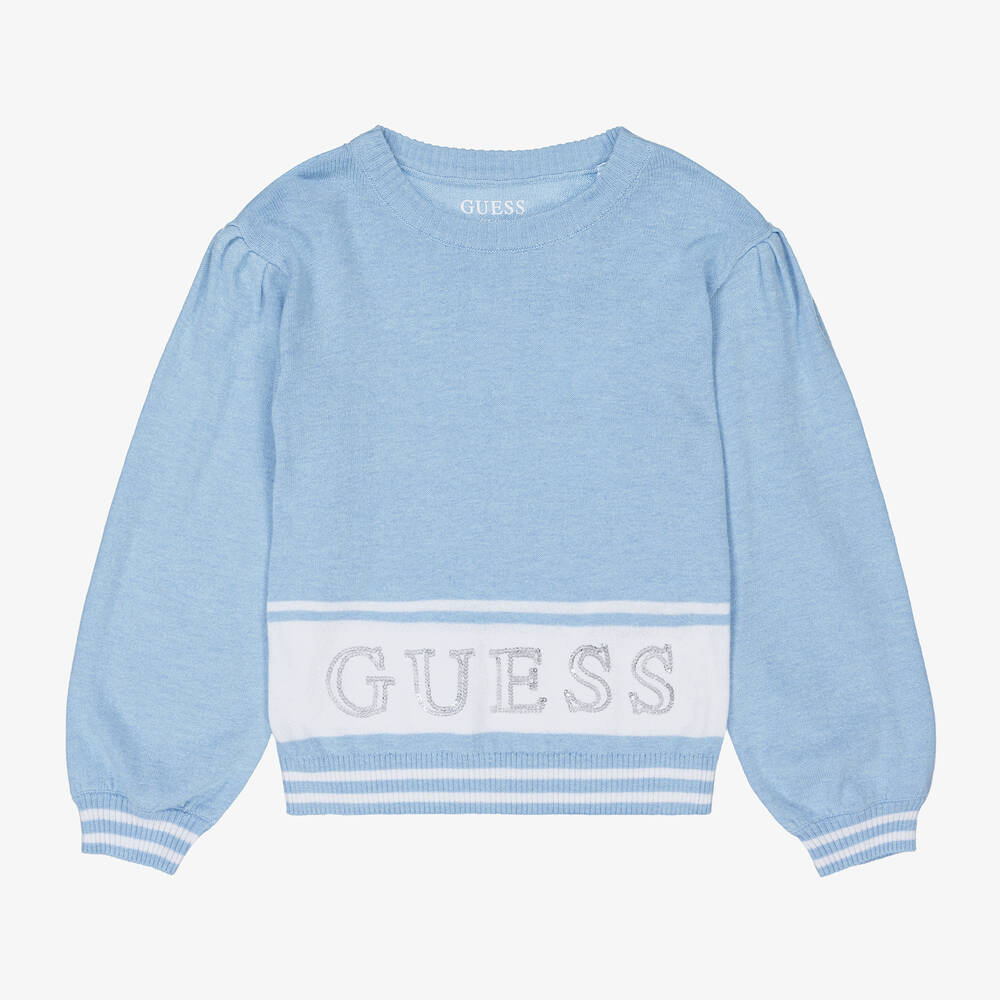 Guess - بلوفر قطن محبوك لون أزرق للبنات | Childrensalon