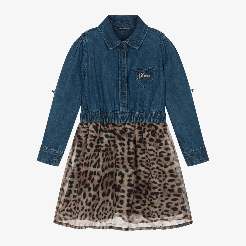 Guess - Girls Blue Denim & Leopard Chiffon Dress | Childrensalon