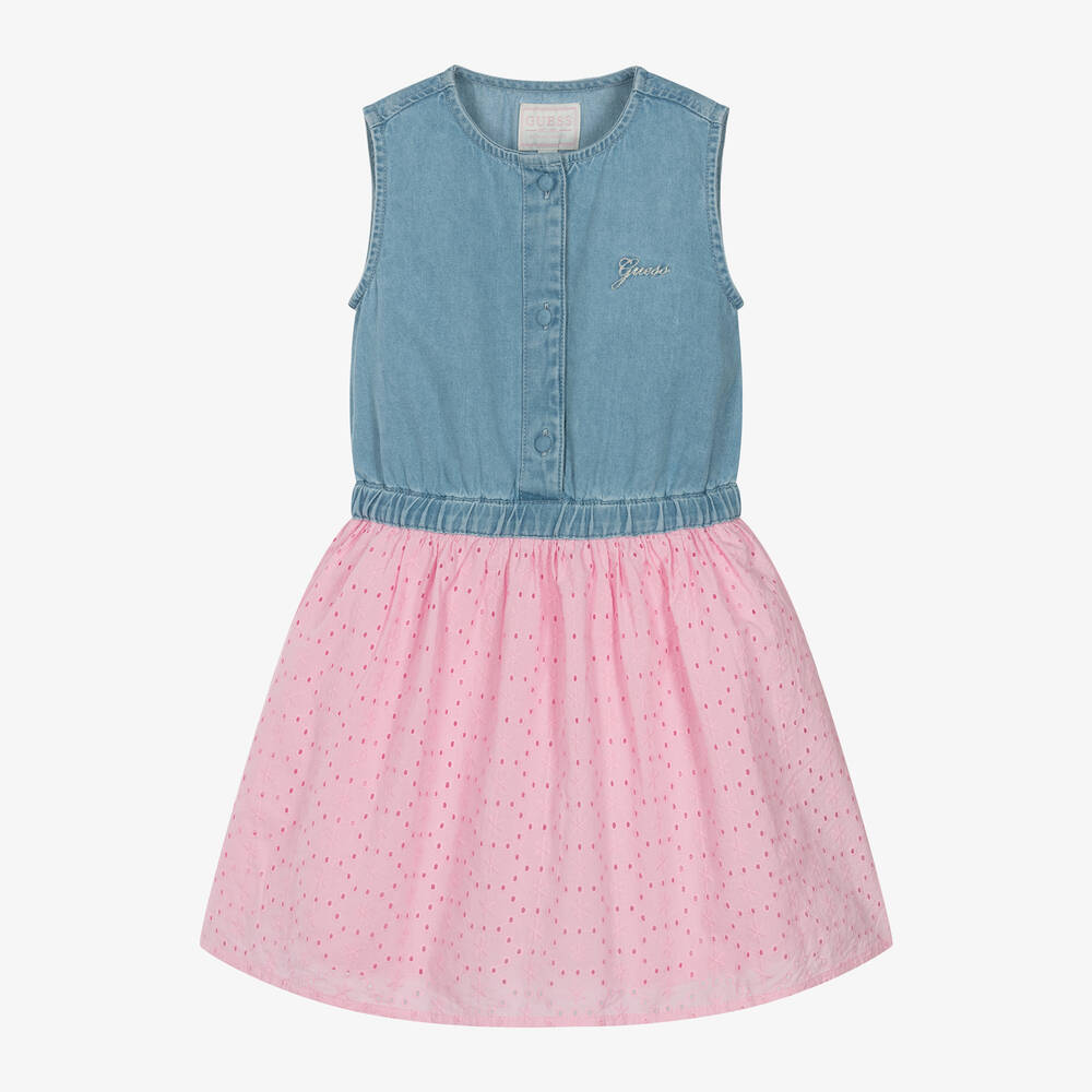 Guess - Girls Blue Denim & Pink Broderie Dress | Childrensalon