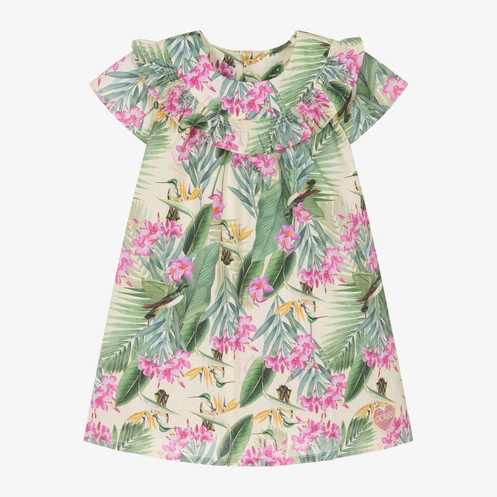 Guess Kids' Girls Green Cotton Tropical Print Dress