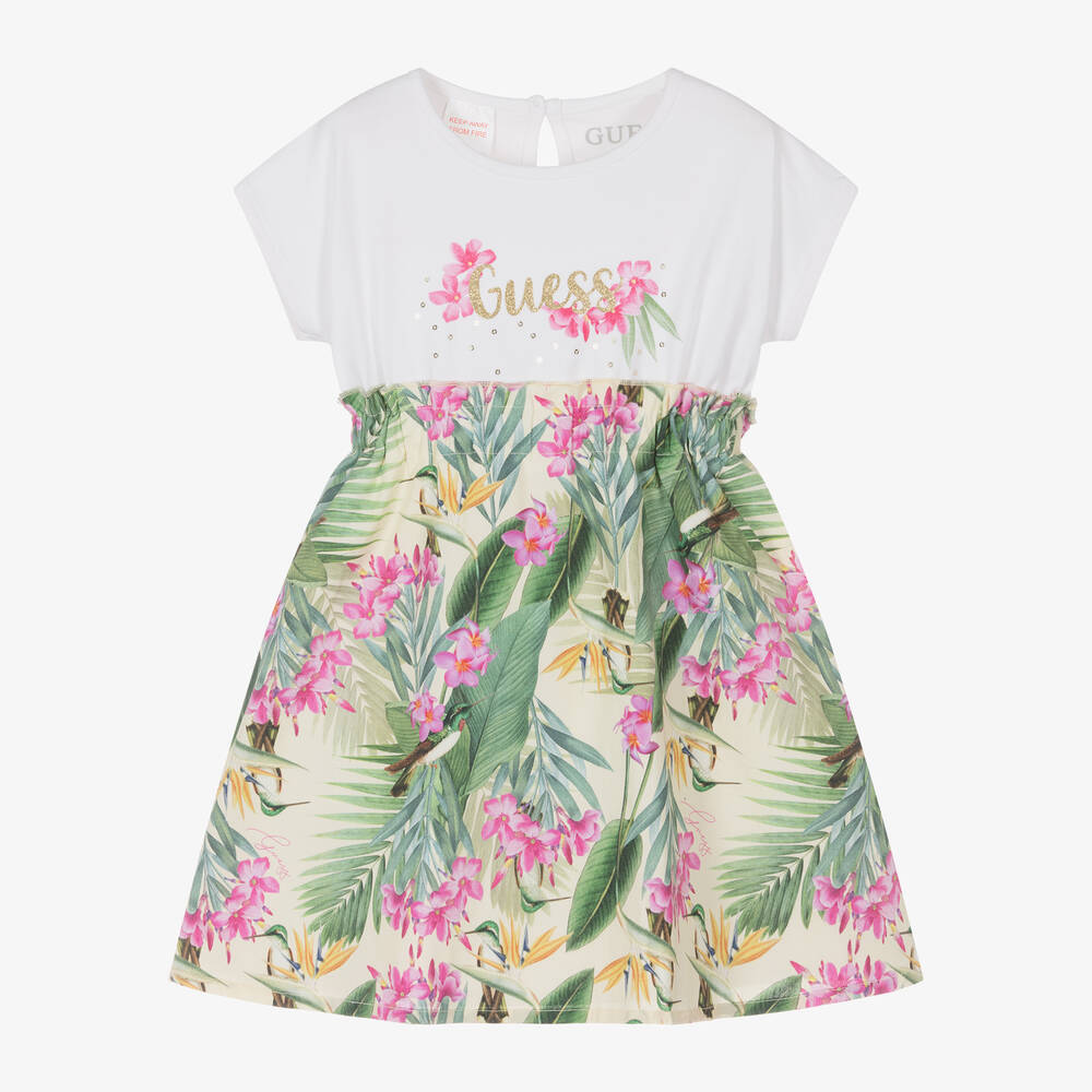 Guess - Girls Green Cotton Tropical Print Dress | Childrensalon