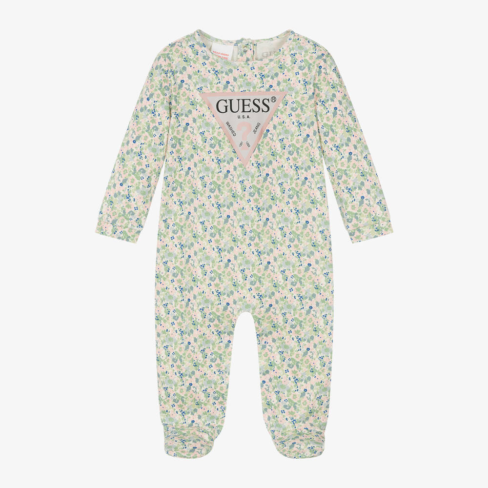 Guess - Girls Green Floral Cotton Babygrow | Childrensalon