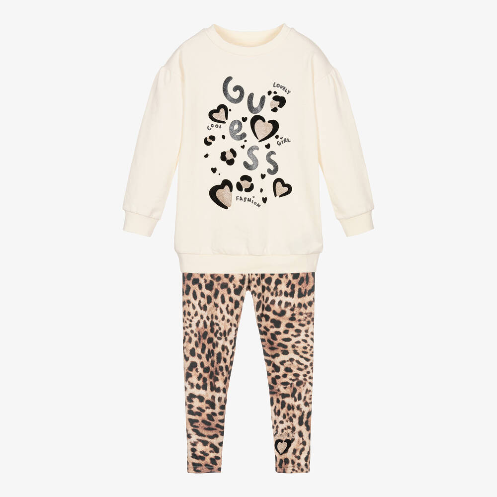 Guess - Girls Ivory & Beige Cotton Leggings Set | Childrensalon