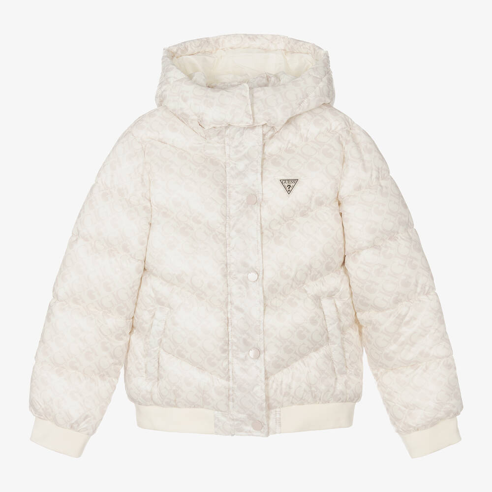 Guess Kids' Girls Ivory Monogram Puffer Jacket In Neutral