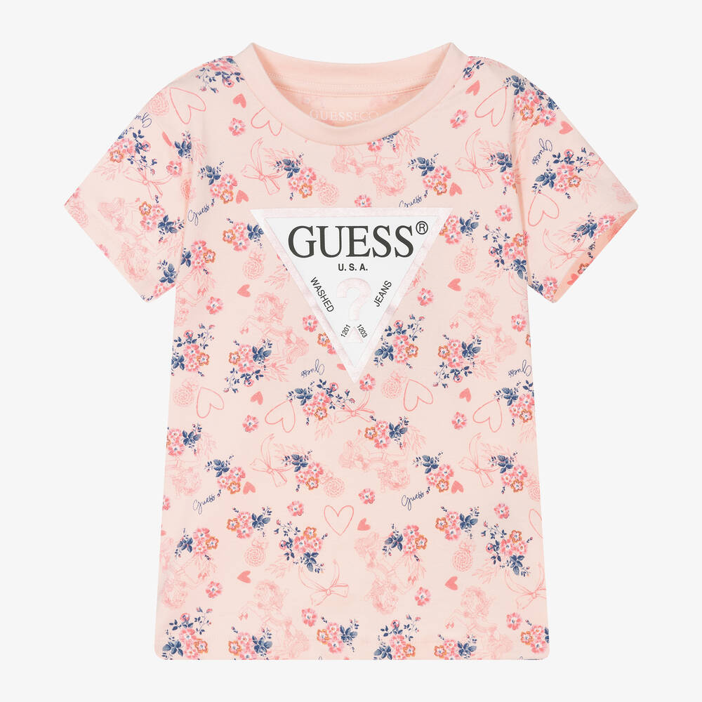 Guess - Розовая хлопковая футболка в цветочек | Childrensalon