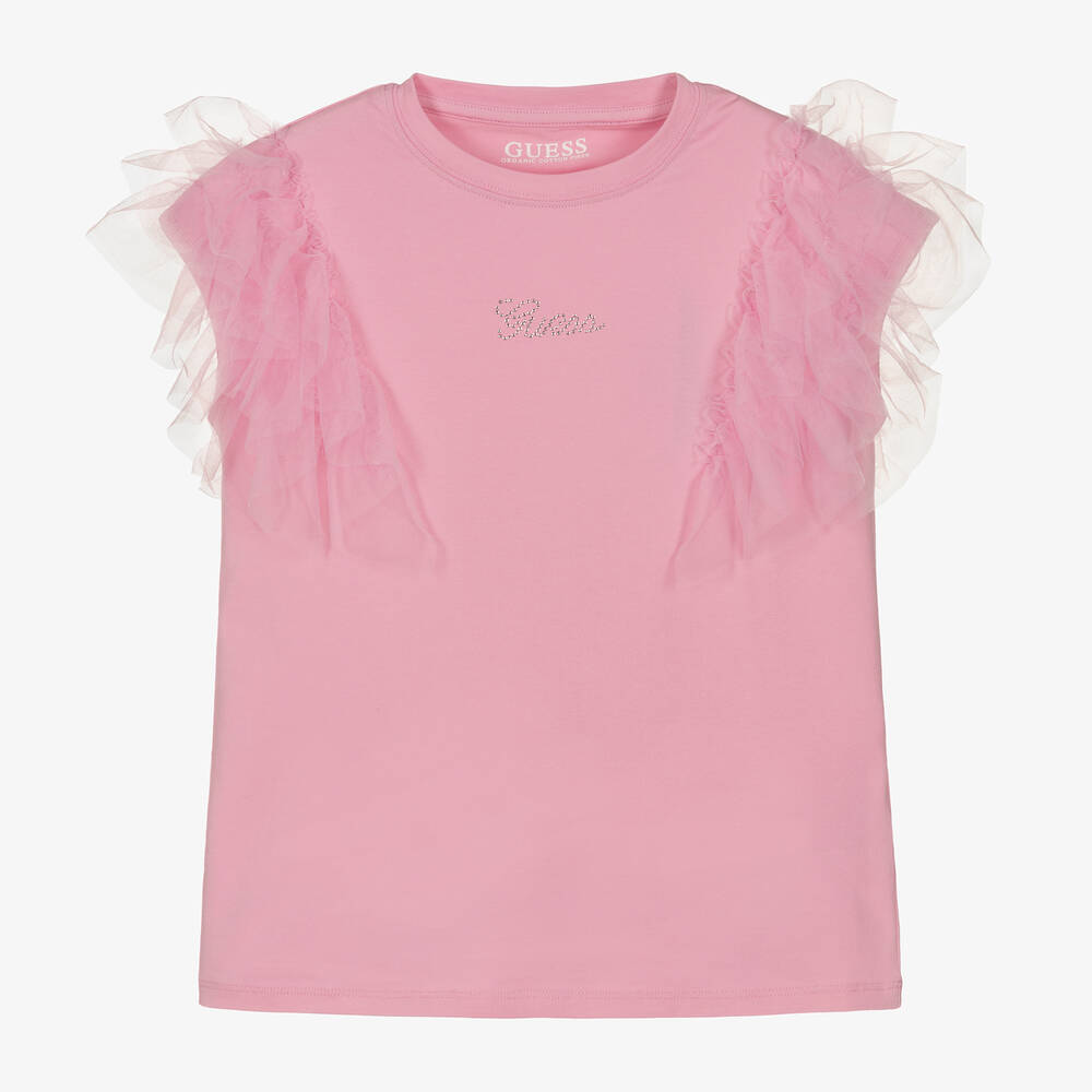 Guess - Розовая хлопковая футболка с рюшами для девочек  | Childrensalon