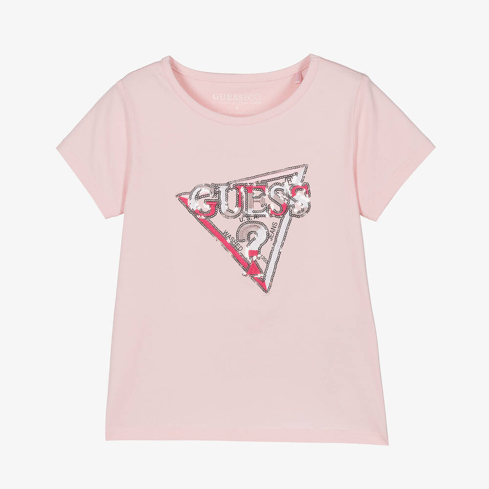 Guess - Girls Pink Cotton Sequin T-Shirt | Childrensalon