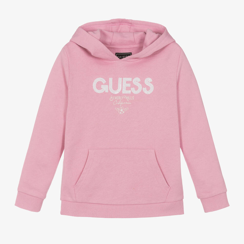 Guess - Girls Pink Cotton Sequinned Hoodie | Childrensalon